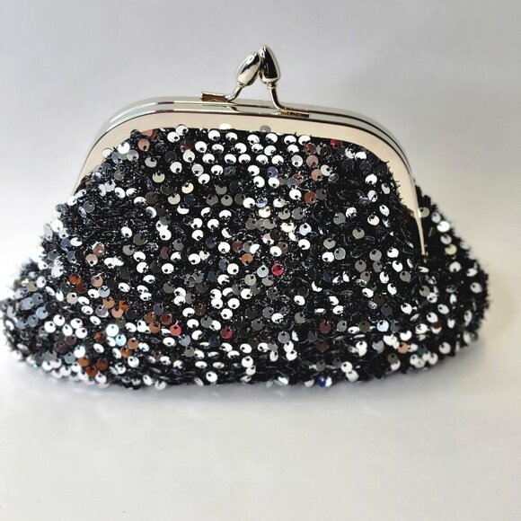 Silver Sequin Clutch Purse Evening Glitter Cocktail Purse Black Crossbody Clutch - Picture 6 of 12